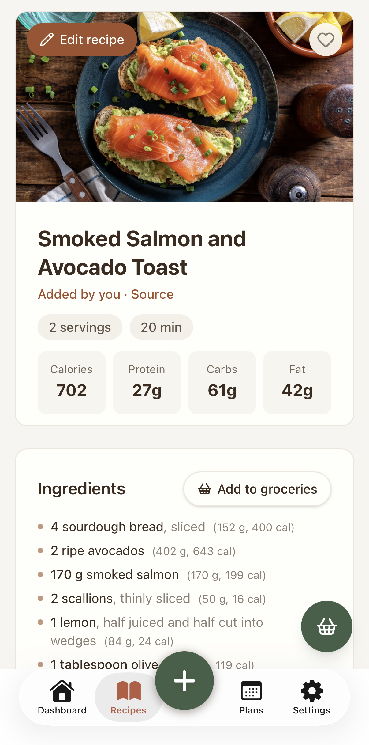 A saved recipe with full per-serving nutrition