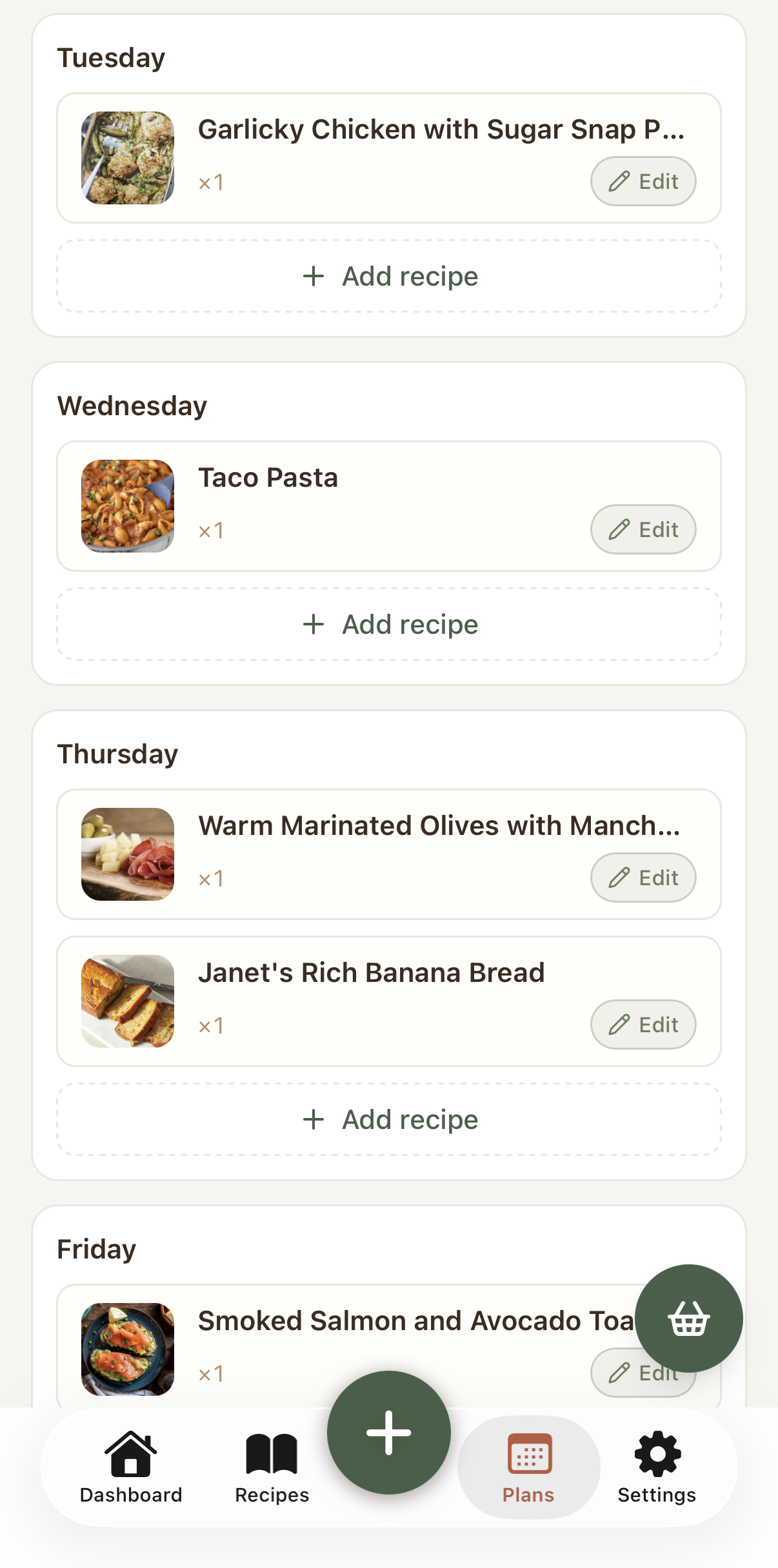 A week planned from saved recipes