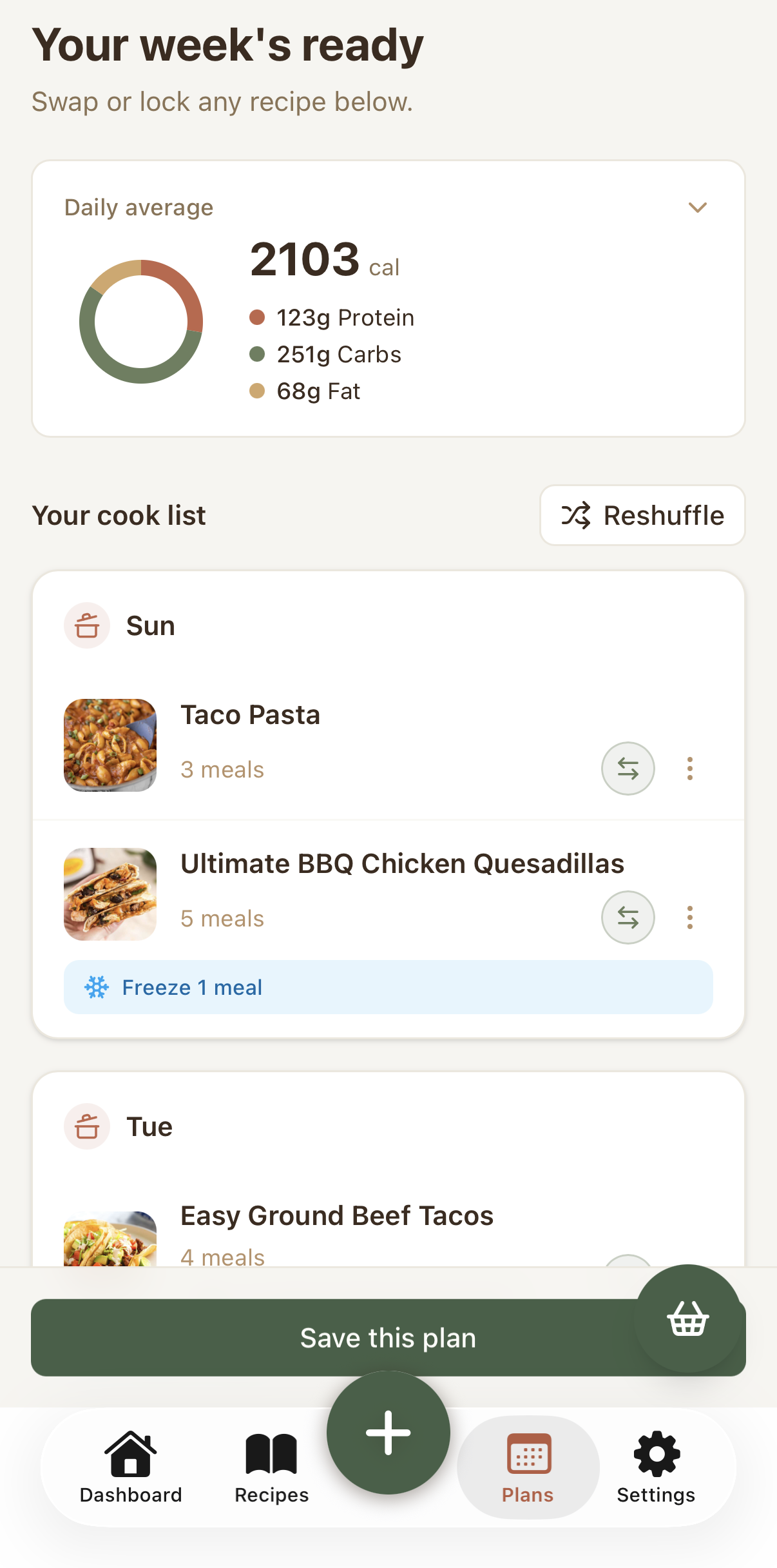 A generated week with its cook list
